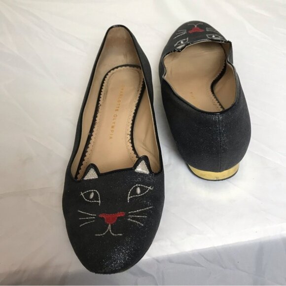 Charlotte Olympia Kitty Glitter Metallic Ballet Flats Cat Shoes Loafers Slides - Picture 5 of 15